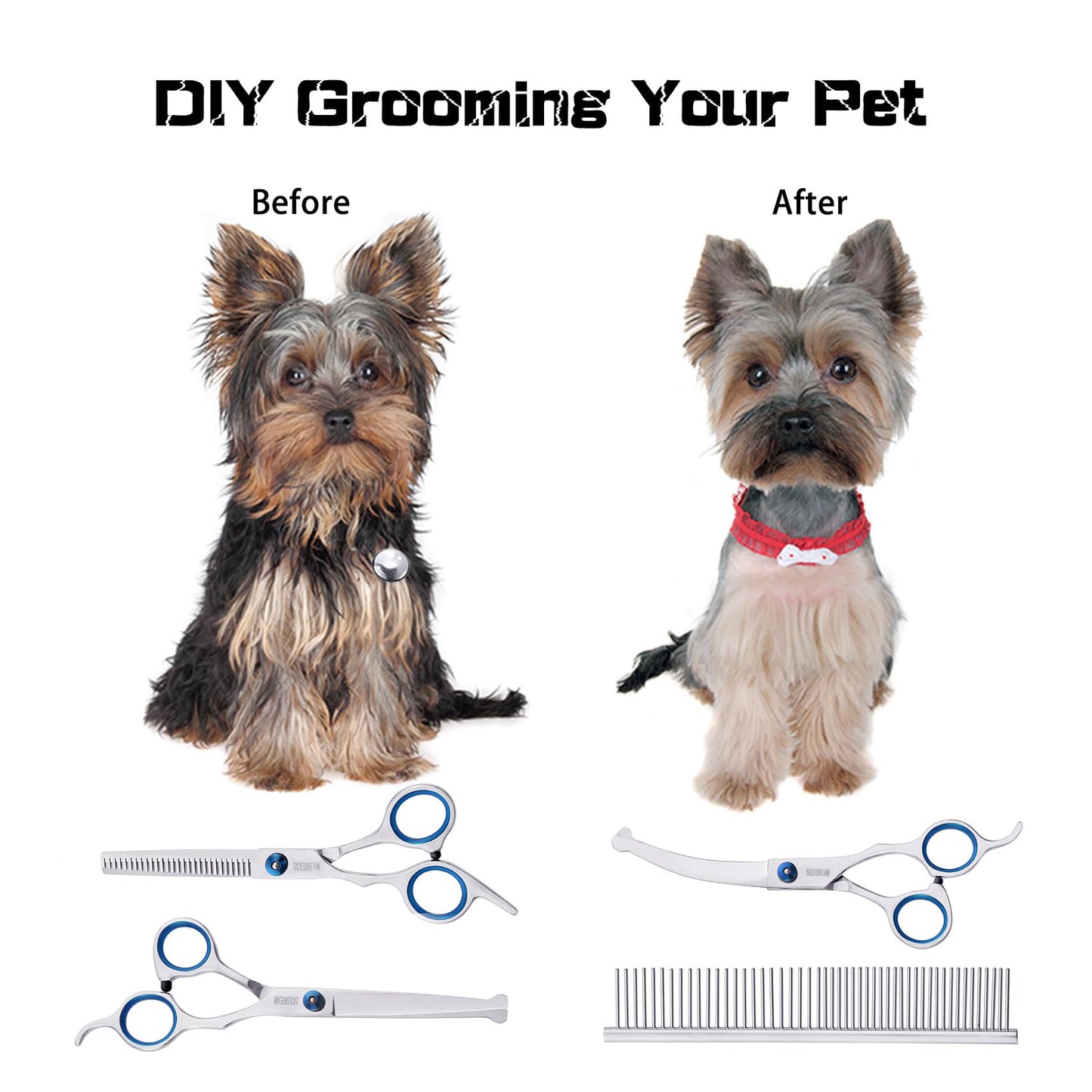 SCEDREAM Dog Grooming Scissors for Dogs with Safety Round Tips, 5 in 1 Dog Scissors for Grooming, Professional Curved Pet Grooming Shears Set for Dogs and Cats