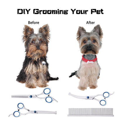 SCEDREAM Dog Grooming Scissors for Dogs with Safety Round Tips, 5 in 1 Dog Scissors for Grooming, Professional Curved Pet Grooming Shears Set for Dogs and Cats