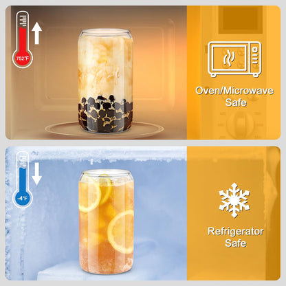 sungwoo 4PCS Glass Cups with Bamboo Lids and Straws, 16OZ Ice Coffee Cup, Drinking Cup set with Wooden Lids, Home Essential Glass Tumblers for Beer, Cocktail, Tea and Latte Clear