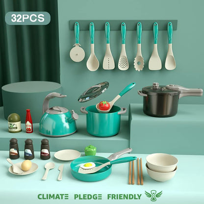 Bruvoalon 32Pcs Kids Play Kitchen Toys Set, Toddlers Pretend Cooking Playset Acccessories with Pots Pans, Utensils Cookware, Foods, Canned Veges, Learning Gift for Kids Girls Boys (Green)