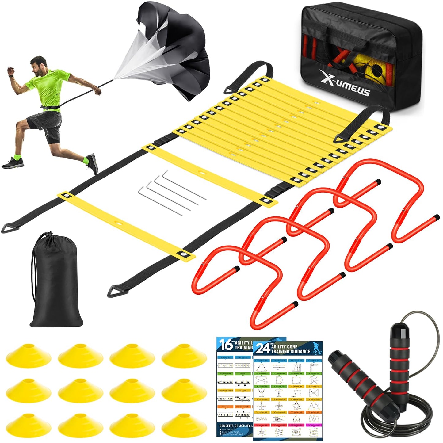 X-UMEUS Agility Ladder Speed Training Equipment Set-20ft Agility Ladder,12 Soccer Cones,4 Hurdles, Jump Rope, Running Parachute| Basketball Football Soccer Training Equipment for Kids Youth Adults
