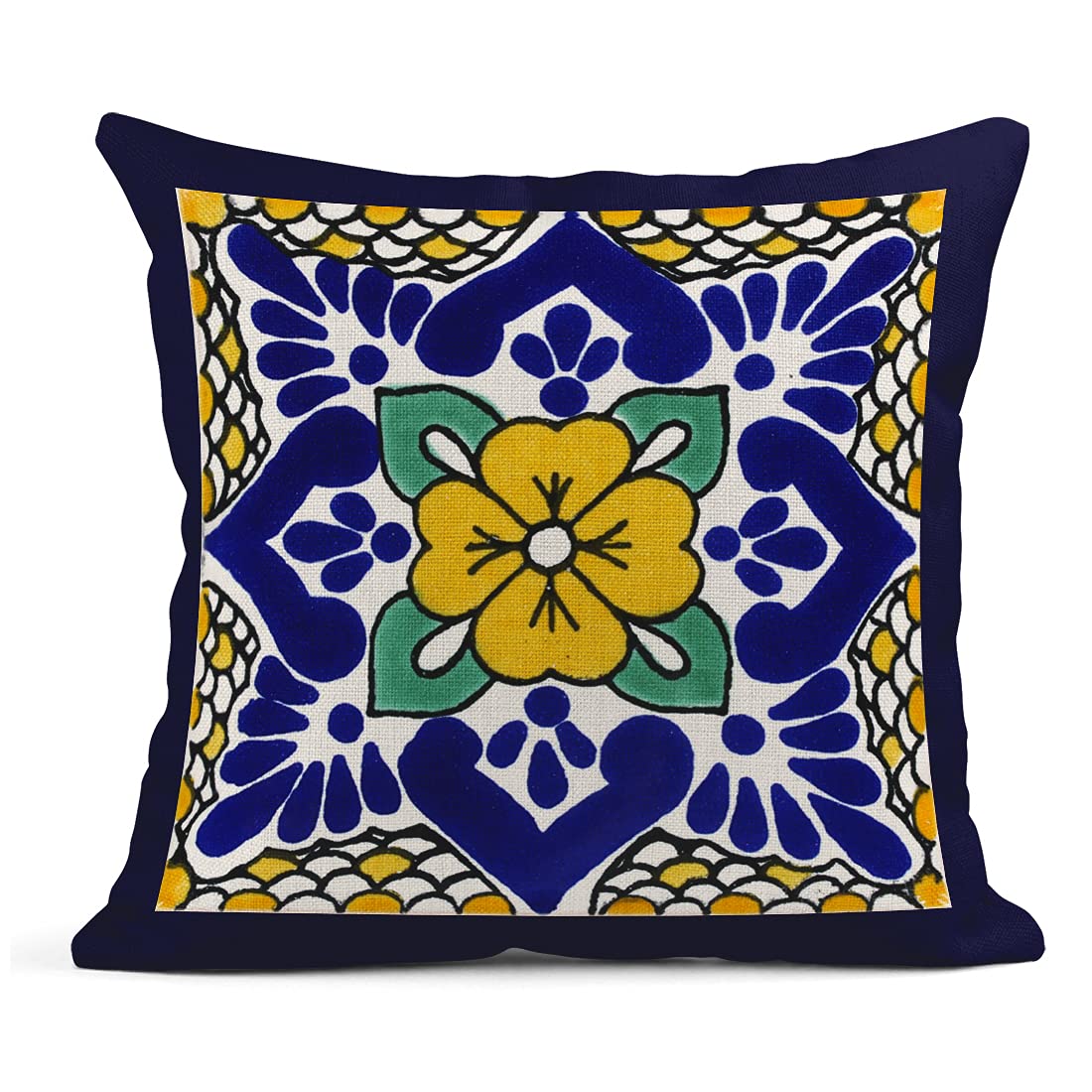 Semtomn Set of 4 Linen Throw Pillow Covers Spanish Talavera Exotic Geometry Dark Retro Ethnic Home Decorative 18"x18" Flax Pillow Cases Cushion Square Pillowcases