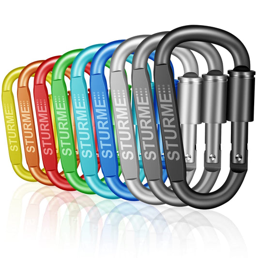 STURME Carabiner Clip Aluminum D-Ring Locking Durable Strong and Light Large Carabiners Clip Set for Outdoor Camping Screw Gate Lock Hooks Spring Link Improved Design Pack (9 Pack)
