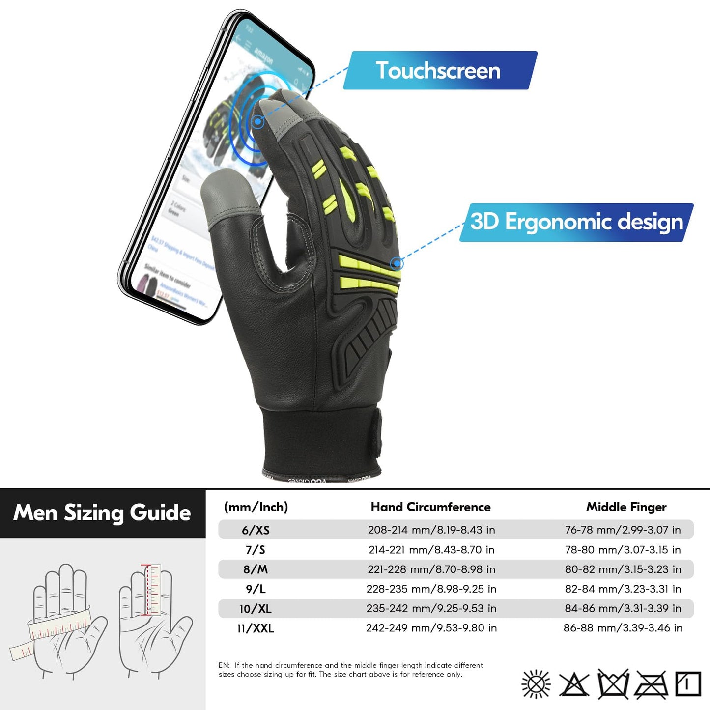 Vgo... -4℉ or above Winter Waterproof High Dexterity Heavy Duty Mechanic Glove, Anti-vibration, Anti-abrasion, Touchscreen (1 Pair,L,Green,GA8954FW)