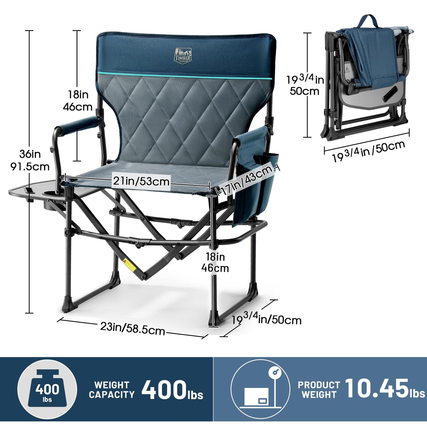 TIMBER RIDGE Aluminum Camping Directors Chair with Side Table Pocket, Portable Folding Chair, Heavy Duty Lawn Chair for Fishing Trip Picnic Concert Outdoor 400lbs, Navy