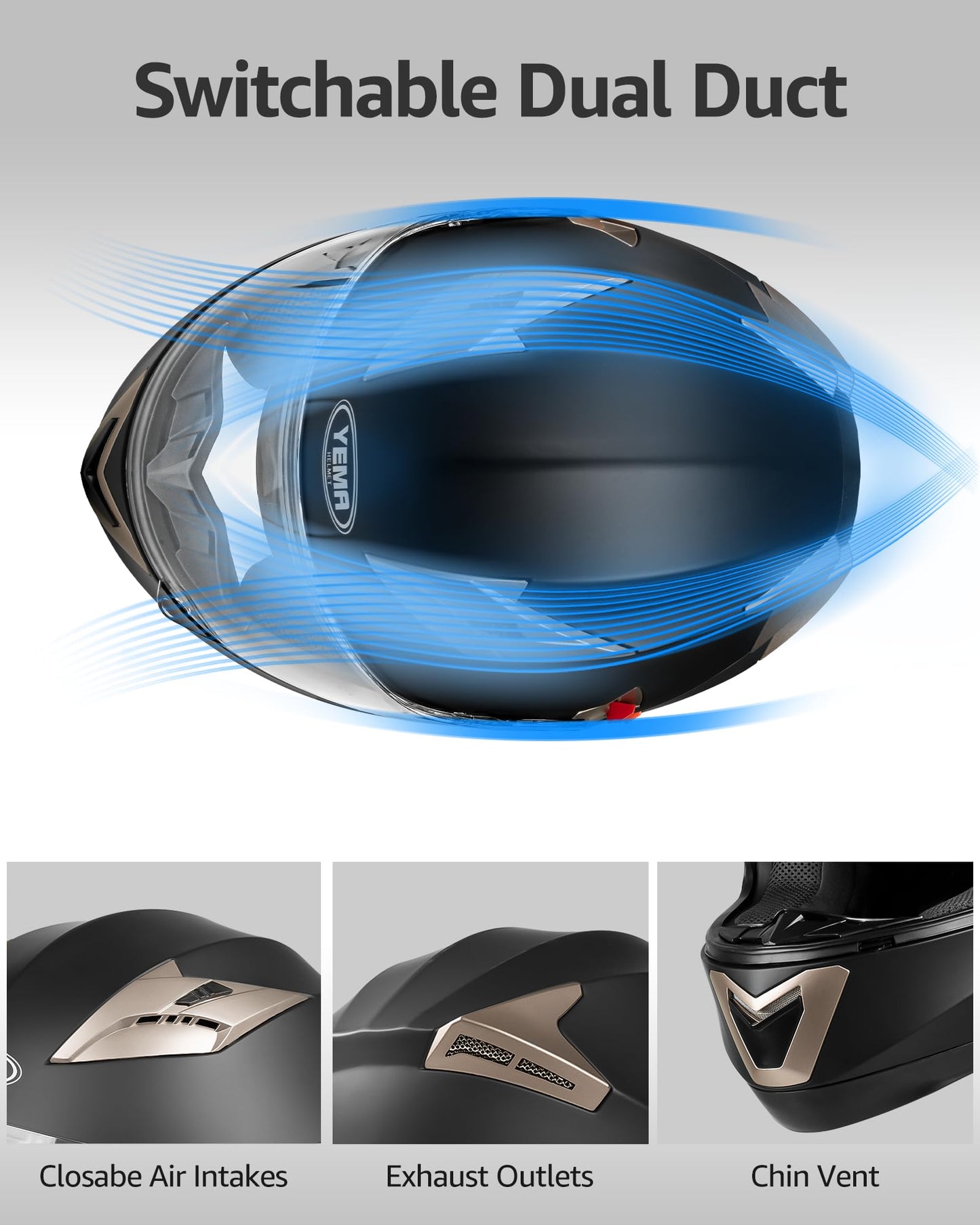 YEMA Motorcycle Full Face Helmet DOT Approved Helmet YM-829 Motorbike Moped Street Bike Racing Casco Moto Helmet with Sun Visor for Adult,Youth Men and Women - Matte Black,M