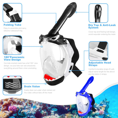 Snorkeling Gear for Kids, Full Face Snorkel Mask for Kids with 180° Panoramic View, Kids Snorkeling Set Featuring Anti-Leak and Anti-Fog Foldable Dry Top Design for Safe Underwater Adventures, 2 Pack