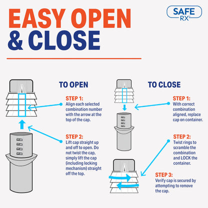 Safe Rx | Locking Pill Bottle | Pill Container Combination Lock | Tamper Evident | Child Resistant | Senior Friendly Easy Open Cap | Prescription Medication | Travel Pill Bottle | Medicine Organizer