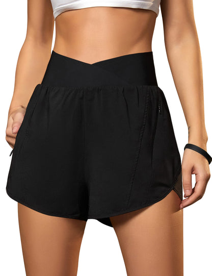 Blooming Jelly Women's Workout Shorts Athletic Running Elastic High Waisted Black Gym Yoga Shorts with Zipper Pockets (Black,Medium)