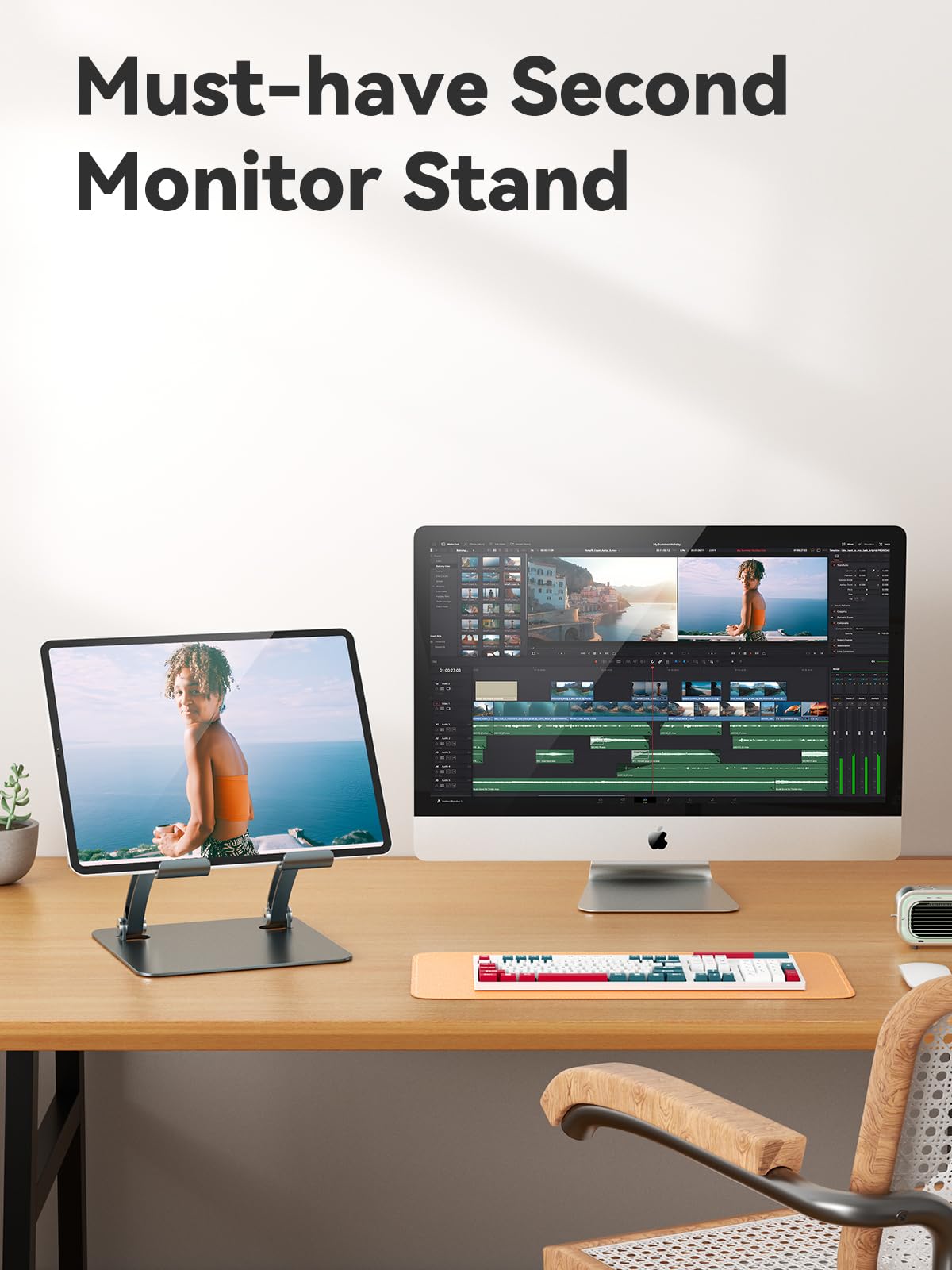 tounee Tablet Holder Stand, Dual Rod Adjustable Aluminum Desktop Stand, Compatible with 4.7-16.5" iPads, Surface Tablets, Portable Monitors, Kindle & More (Gray)