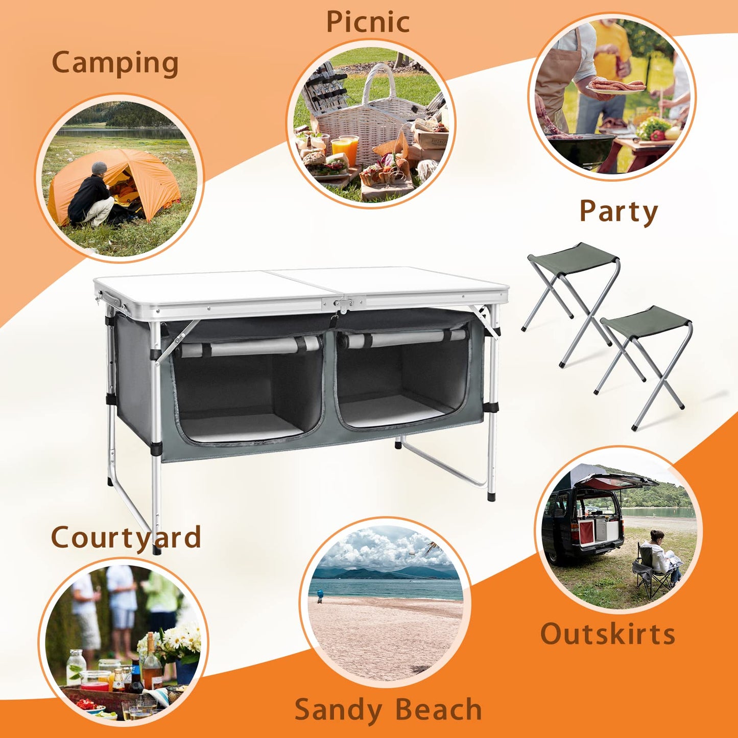 CampLand Outdoor Folding CampingTable with Aluminum Lightweight Height Adjustable with Storage Organizer Picnic Table for BBQ, Party, Camping (WhiteBig)