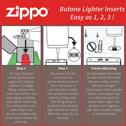 Zippo Butane Double Flame Insert - Windproof Lighter - Fire On Demand - Refillable - for Original Cases - Gift Box - Metal