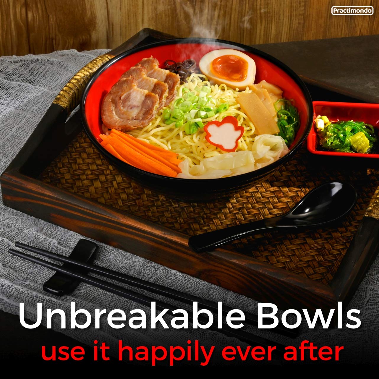 Unbreakable Ramen Bowl Set with Chopsticks and Spoon: 2 large Japanese Style Melamine Ramen Bowls, Dipping Bowls and Chopstick Stands for Asian Pho Soup Thai Miso Udon Wonton (2 Bowl Set, Red-Black)