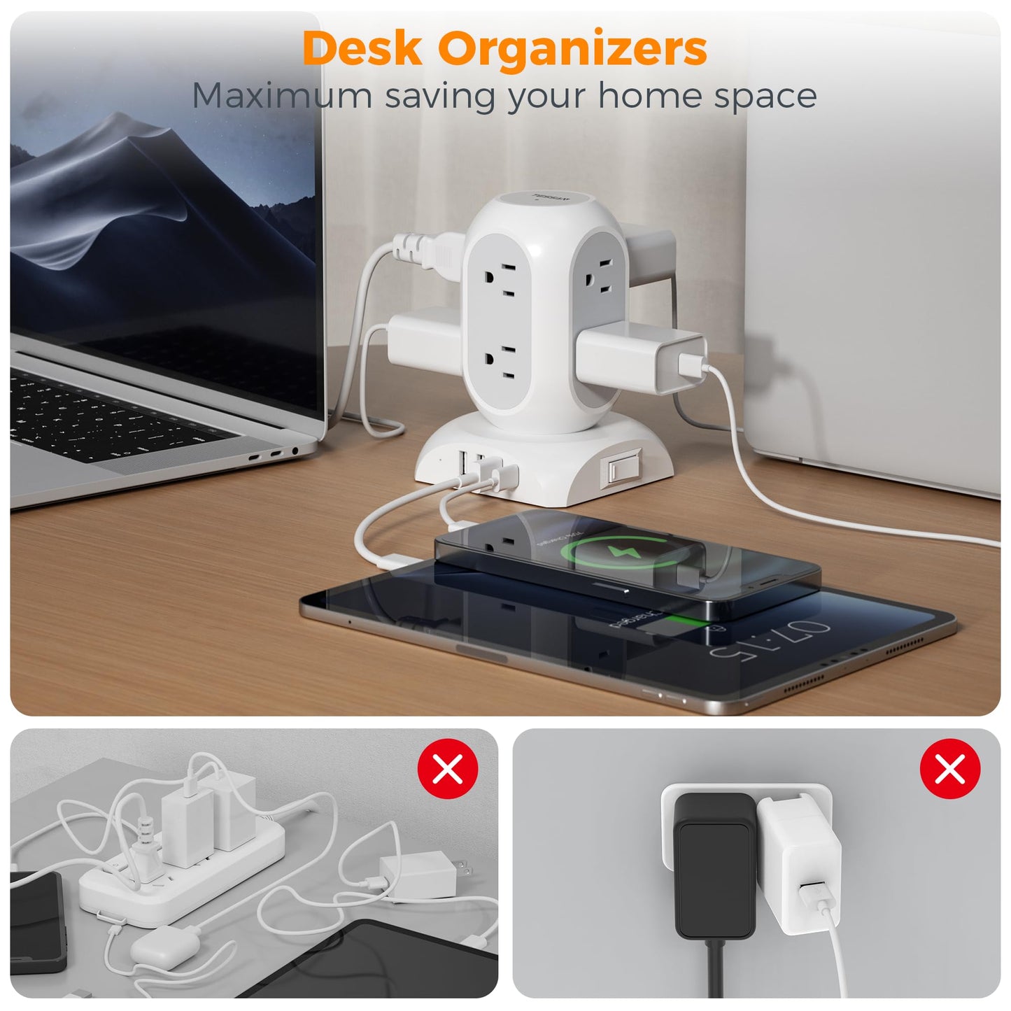 Surge Protector Power Strip Tower, TESSAN Flat Plug Extension Cord 10 Ft with 8 AC Multiple Outlets 4 USB Ports (1 USB C), 1050J Protection Desk Charging Station for Home, Office Supplies, Dorm Room