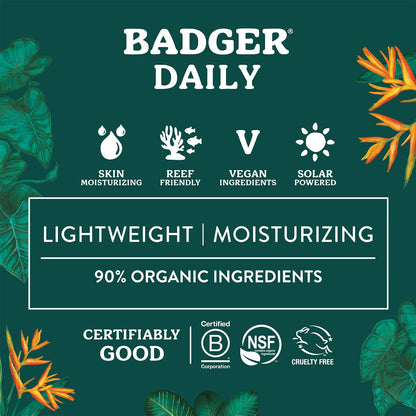 Badger Mineral Daily Sunscreen with Zinc Oxide, SPF 30, Lightweight & Easy to Apply w/No White Cast, Moisturizing Organic Sunscreen, Reef Safe, Vegan, Unscented, 4 fl oz