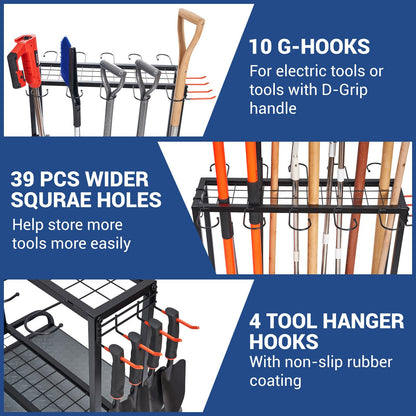 Garden Tool Organizer, Yard Tools Rack Holds 55 Long-Handled Tools/Rakes/Brooms for Garage Organization and Storage, Shed, Outdoor, Lawn, Heavy-Duty Steel, Black, Easy Assembly