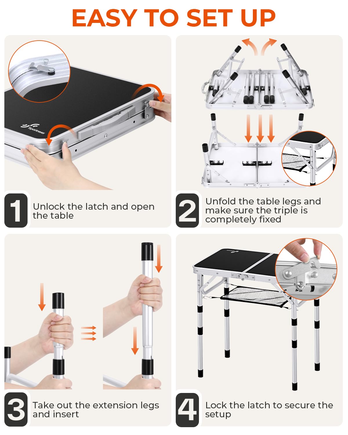 Sportneer Folding Table: Adjustable Height Camping Essentials 23.6" L x 15.7" W 3 Height with Mesh Layer - Compact & Portable Small Folding Table for Outdoor Camp Garden Picnic BBQ Dining Cooking