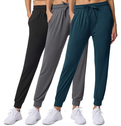 Real Essentials 3 Pack: Women's Ultra-Soft Lounge Joggers Sweatpants Athletic Yoga Pants with Pockets (Available in Plus), Set 9, S, Pack of 3