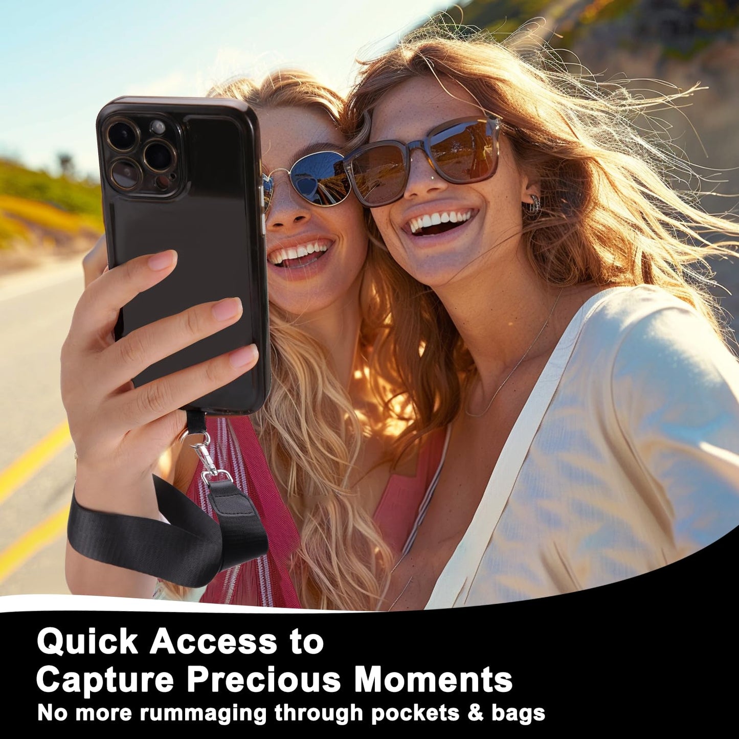 XANGNIER Clip and Go Strap for Phone with Wallet Crossbody, Phone Strap with Zippered Wallet, Adjustable Anti Theft Cellphone Lanyard for Women, Cellphone Chain Accessories, Black