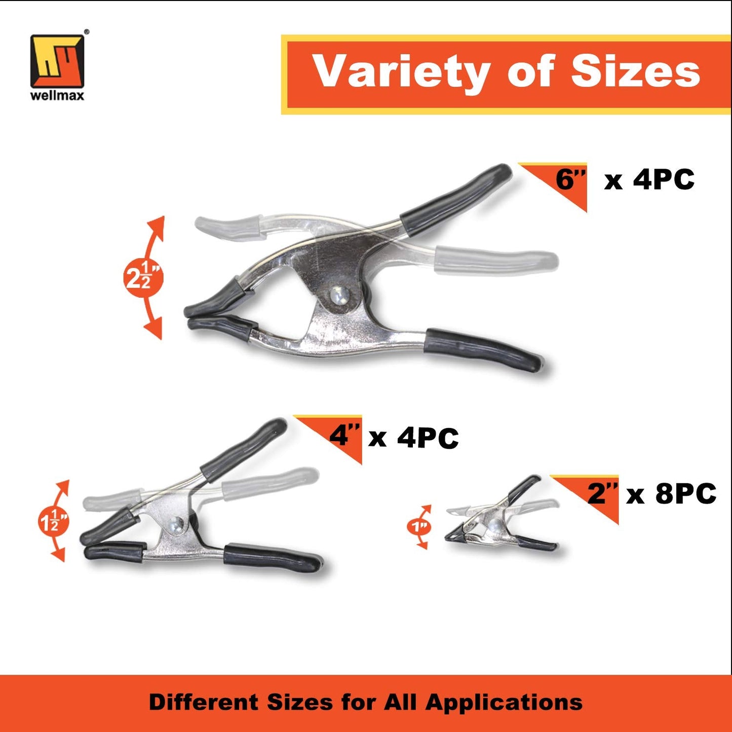 Wellmax 16PC Nickel-Plated Metal Spring Clamps Set - Heavy Duty Clips for Woodworking, Photography Backdrops, and More - Includes 8pc 2 Inch, 4pc 4 Inch, and 4pc 6 Inch Clamps