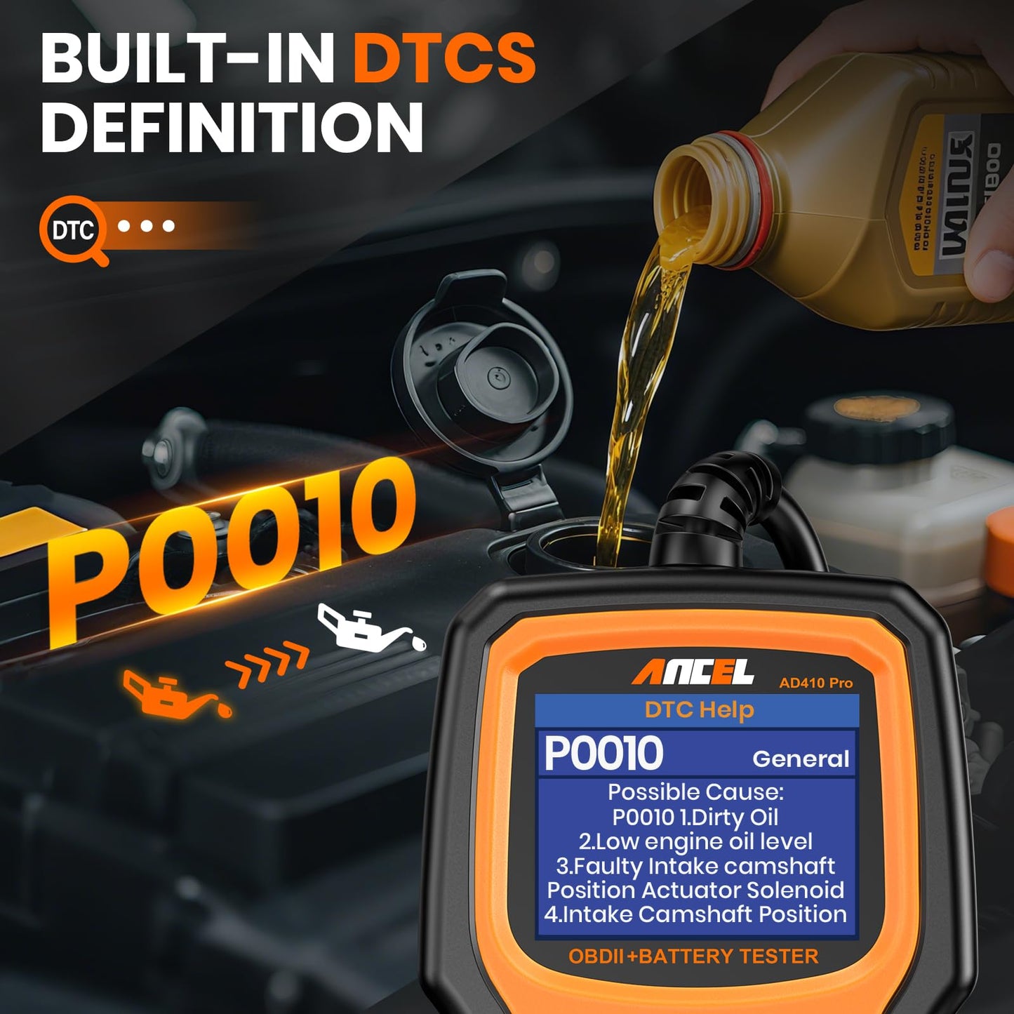 ANCEL AD410 PRO OBD2 Scanner and Battery Tester,2-in-1 Car Diagnostic Tool,Check Engine Light,EVAP Test,Live Data,6V/12V Battery Analyzer with Cranking & Charging System Test for Car Motorcycle