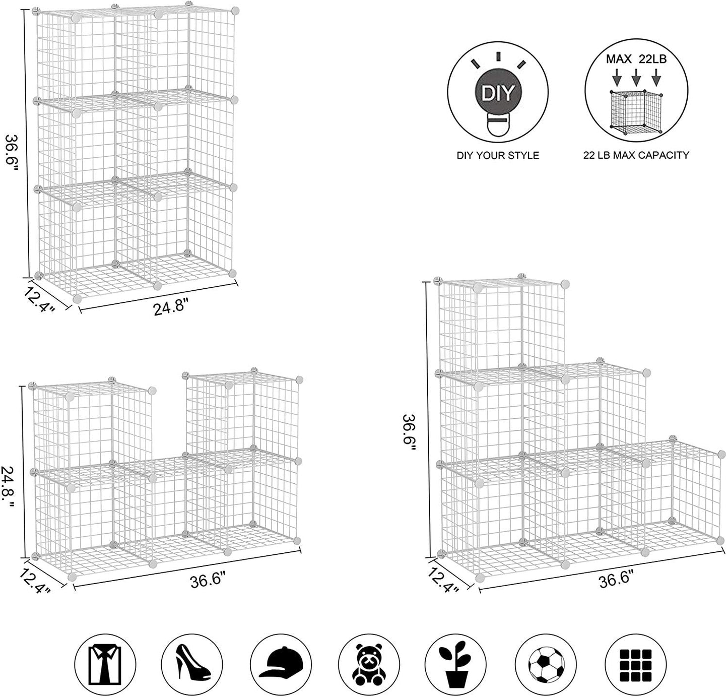 C&AHOME Wire Cube Storage, 6 - Cube Organizer Metal C Grids, Modular Shelves Units, Storage Bins Shelving, Closet Organizer, Ideal for Home, Office, Living Room, 36.6”L x 12.4”W x 36.6”H White