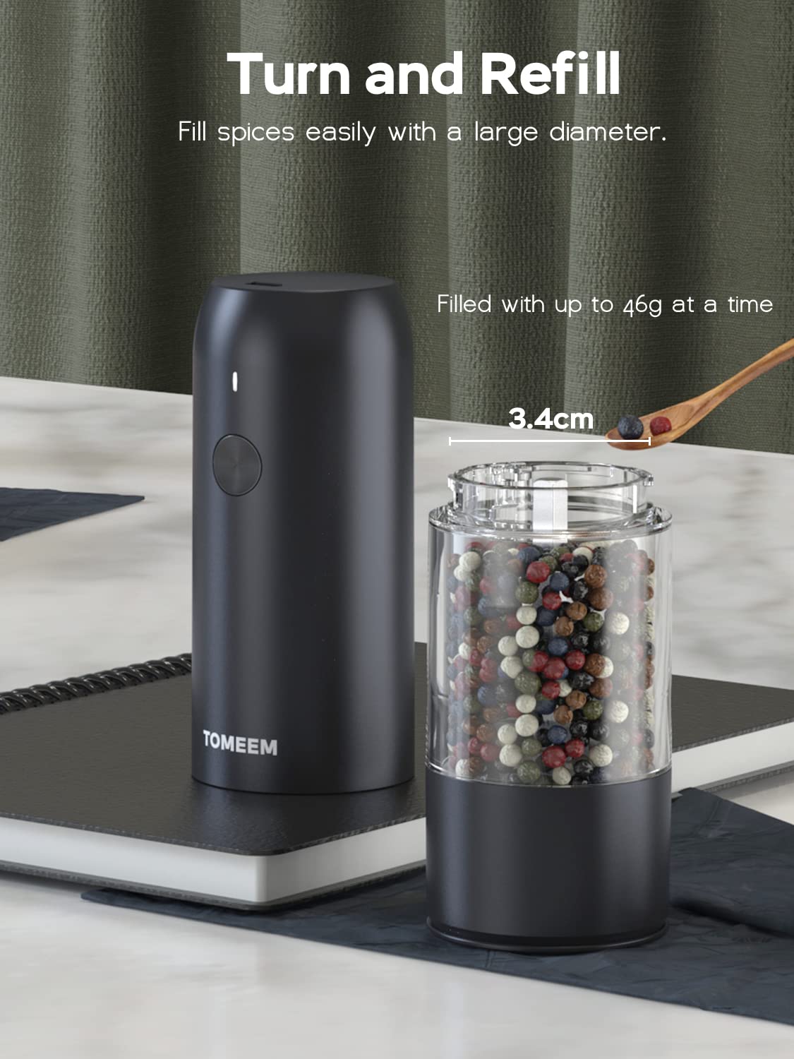 Upgraded Larger Capacity: Electric Salt and Pepper Grinder Set Rechargeable with LED lights - Stainless Steel Automatic Pepper and Salt Grinder Refillable with 6 Adjustable Coarseness