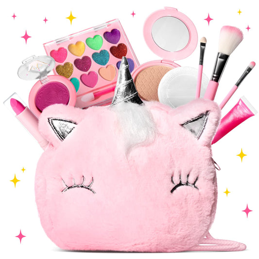 ULOVEME Kids Real Makeup Kit for Girls with Fluffy Purse - Real, Non Toxic, Washable Make Up Toy - Umicorn Toys Gift for 3 4 5 6 7 8 Years Old Girls Birthday (Pink Umicorn)