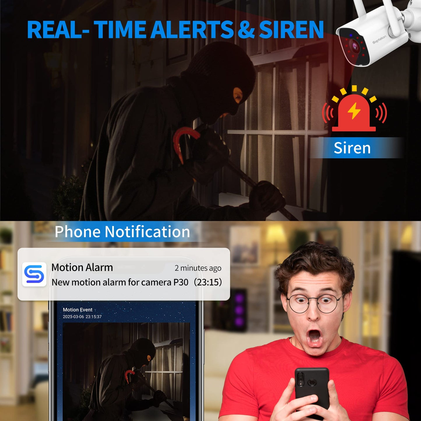 Septekon 2K Home Security Cameras, 4 Pack Wired WiFi Outdoor Security Cameras with Night Vision, Two-Way Audio, 2.4G WiFi, IP66, Motion Detection Alarm - P30