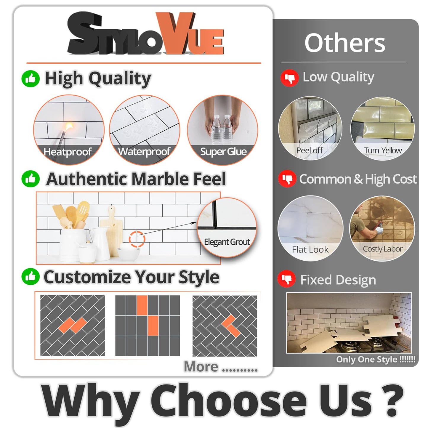 StyloVue 100 Pieces Peel and Stick Backsplash for Kitchen, 3" x 6" PVC Subway Tile 2025 Upgraded Glossy White with Dark Gray Grout Backsplash Stick on Tile Elevate Kitchen, Bathroom, Fireplace,RV