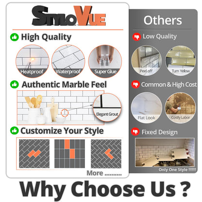 StyloVue 100 Pieces Peel and Stick Backsplash for Kitchen, 3" x 6" PVC Subway Tile 2025 Upgraded Glossy White with Dark Gray Grout Backsplash Stick on Tile Elevate Kitchen, Bathroom, Fireplace,RV