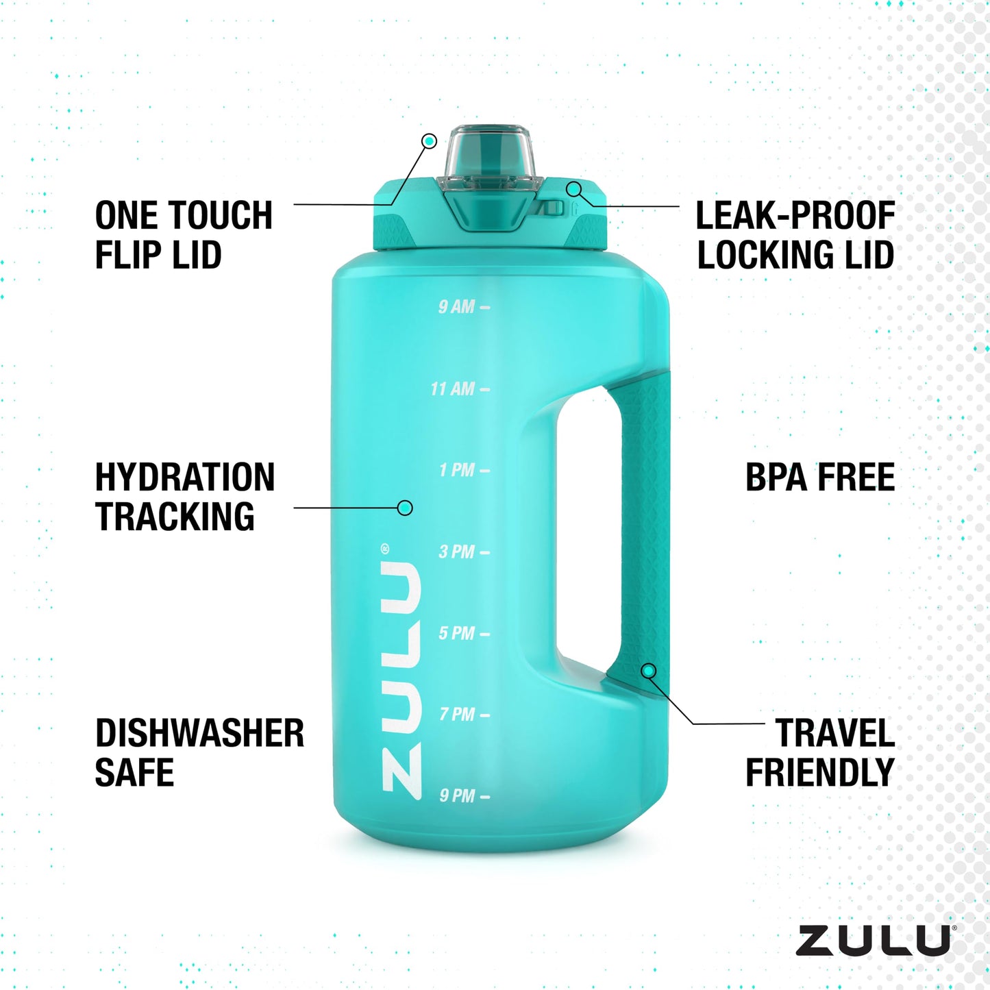 Zulu Goals 64oz Large Half Gallon Jug Water Bottle with Motivational Time Marker, Covered Straw Spout and Carrying Handle, Perfect for Gym, Home, and Sports, Aquaviva