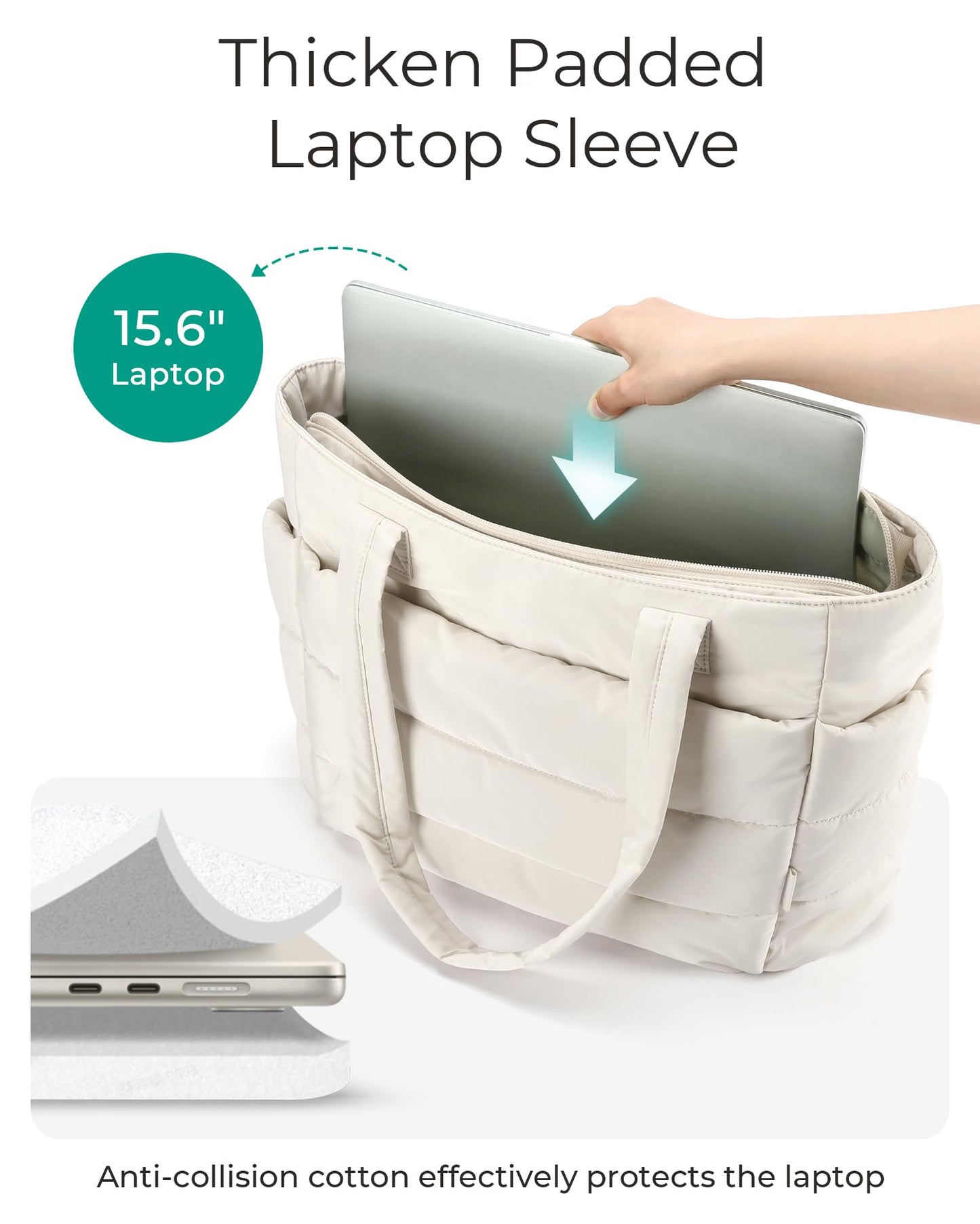 BAGSMART Tote Bag for Women, Lightweight Puffy Tote Bag with Compartments Shoulder Bag Handbag Quilted Shoulder Bag Handbag for Travel, Work, Beach, Gym, Shop(Beige)