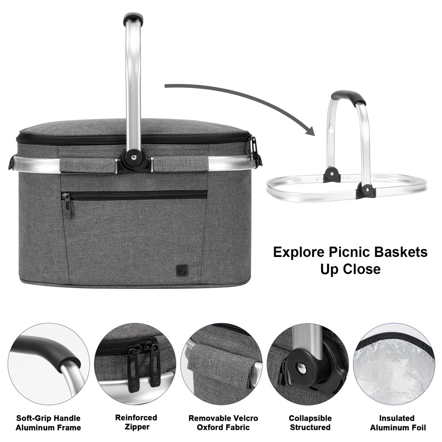 ALLCAMP Insulated Cooler Bag Portable Collapsible Picnic Basket Cooler Bag Collapsible, Leakproof, Lightweightwith Sewn in Frame (Medium Gray)