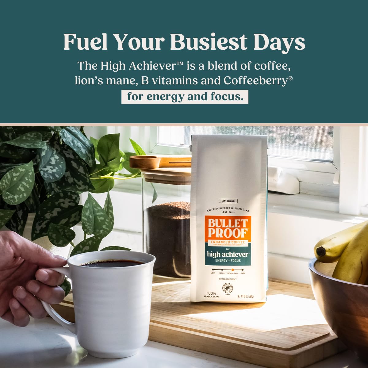 Bulletproof The High Achiever Ground Mushroom Coffee, 10oz, High Caffeine with Lion's Mane, B Vitamins and Adaptogens for Energy & Focus, Medium-Dark Roast