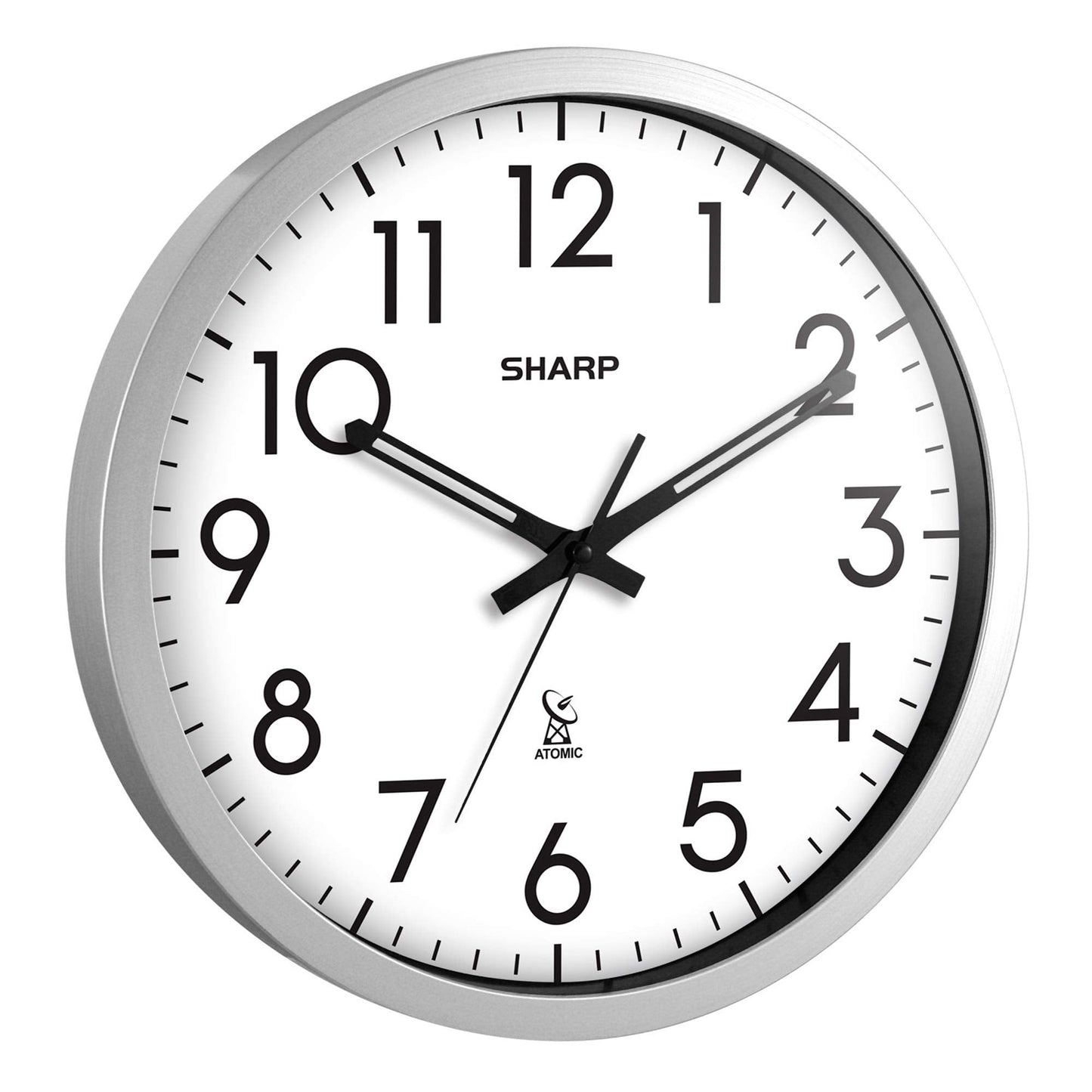 Sharp Atomic Analog Wall Clock - 12" Silver Brushed Finish - Sets Automatically- Battery Operated - Easy to Read - Easy to Use– Modern Design and Style