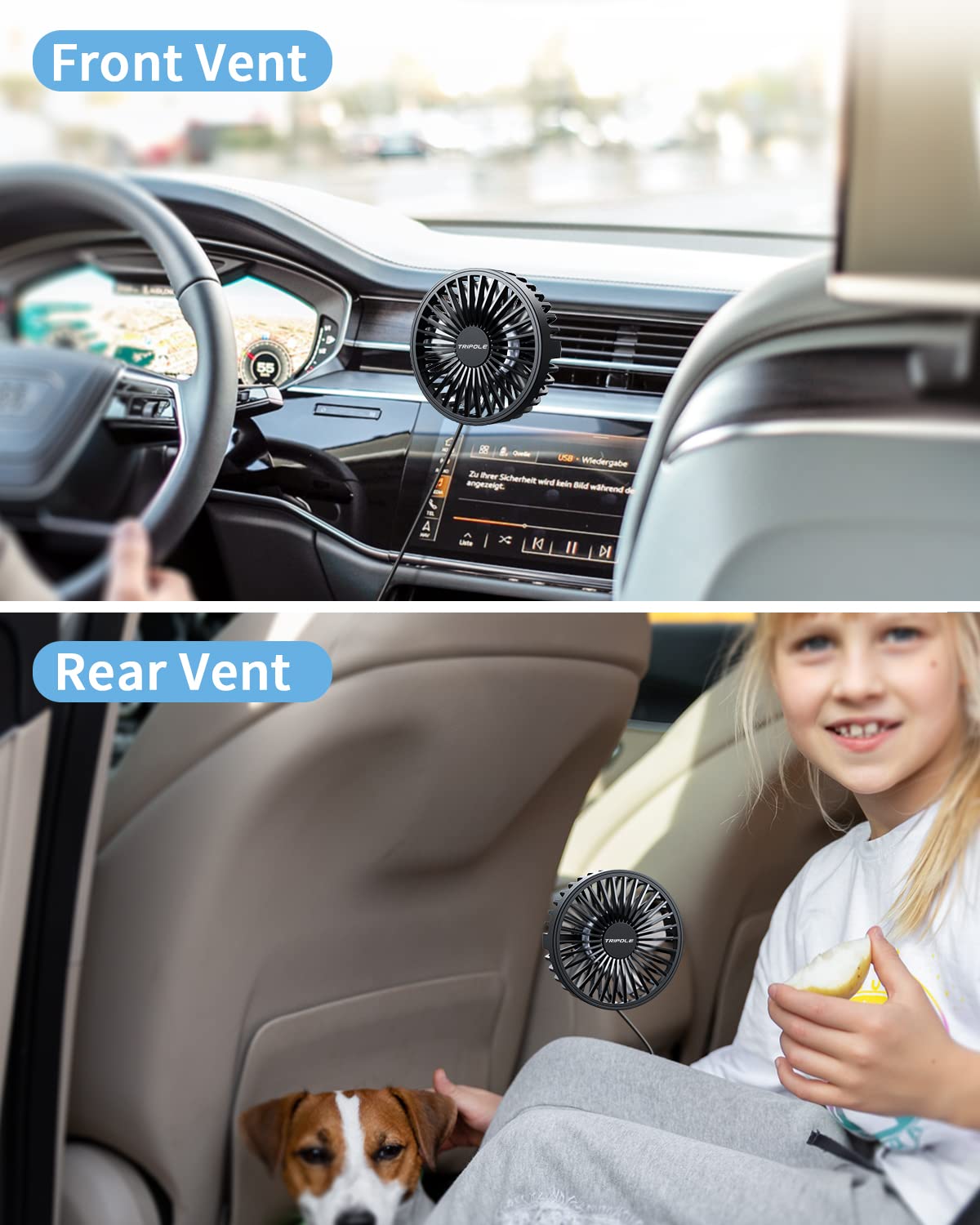 TriPole Car Fan USB Powered - Powerful 3 Speed, Portable Cooling Clip Fan for Car Vent, Quiet Brushless Motor, 360 Degree Rotatable, Air Circulation for Vehicle, Van, Truck, SUV, RV