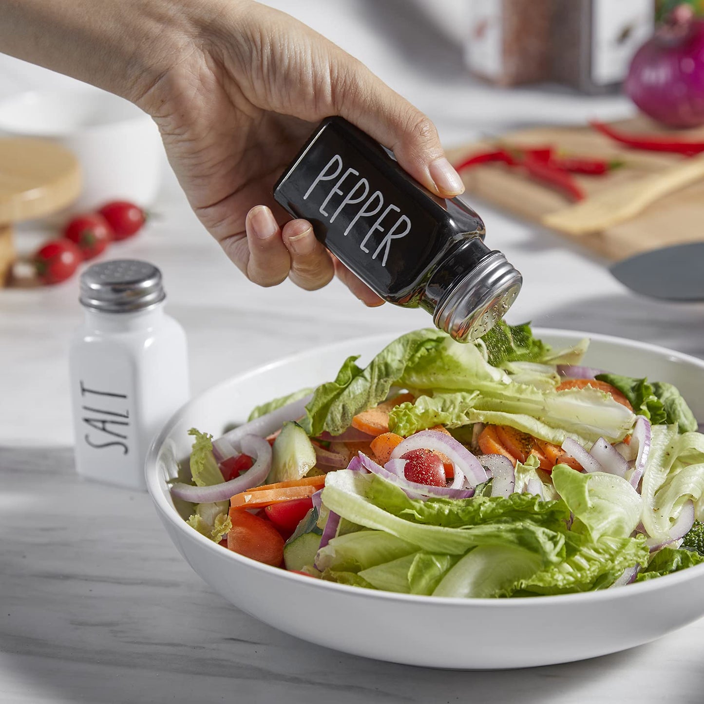 Salt and Pepper Shakers Set, Dopeca 2.7oz Glass Salt Shaker with Stainless Steel Lid, Black and White Modern Kitchen Decor and Accessories, Cute Salt and Pepper Set for Kitchen or Restaurant