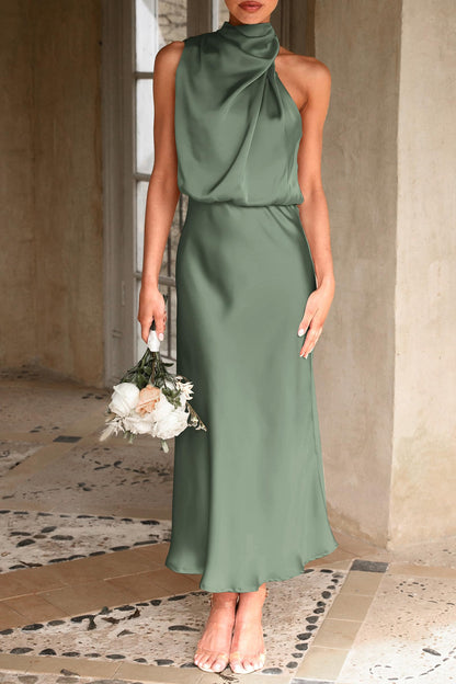 PRETTYGARDEN Women's 2025 Summer Satin Dress Elegant Sleeveless Mock Neck Cocktail Party Maxi Dresses (Army Green,Small)