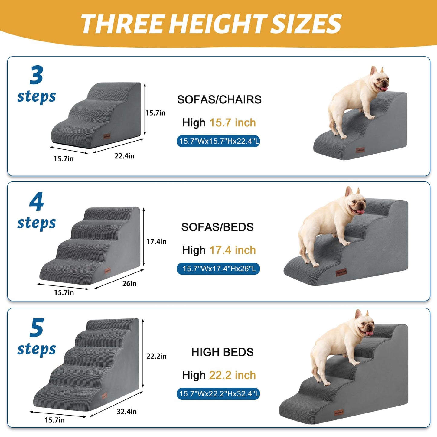 Aodisman 3-Step Dog Ramp and Stairs for Sofa and Chair - Non-Slip Sturdy Pet Steps for Small Dogs and Cats,15.7" H,Grey