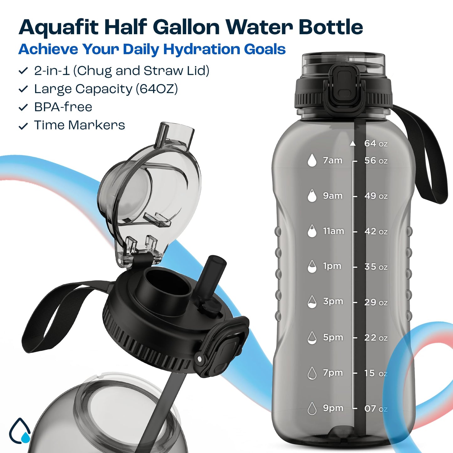 AQUAFIT 64 oz Water Bottle with Time Marker - 2in1 Straw & Chug Lid - BPA Free Big Water Bottle with Straw - Gym Water Bottle with Strap - Water Jug (64 Ounces, Gray)