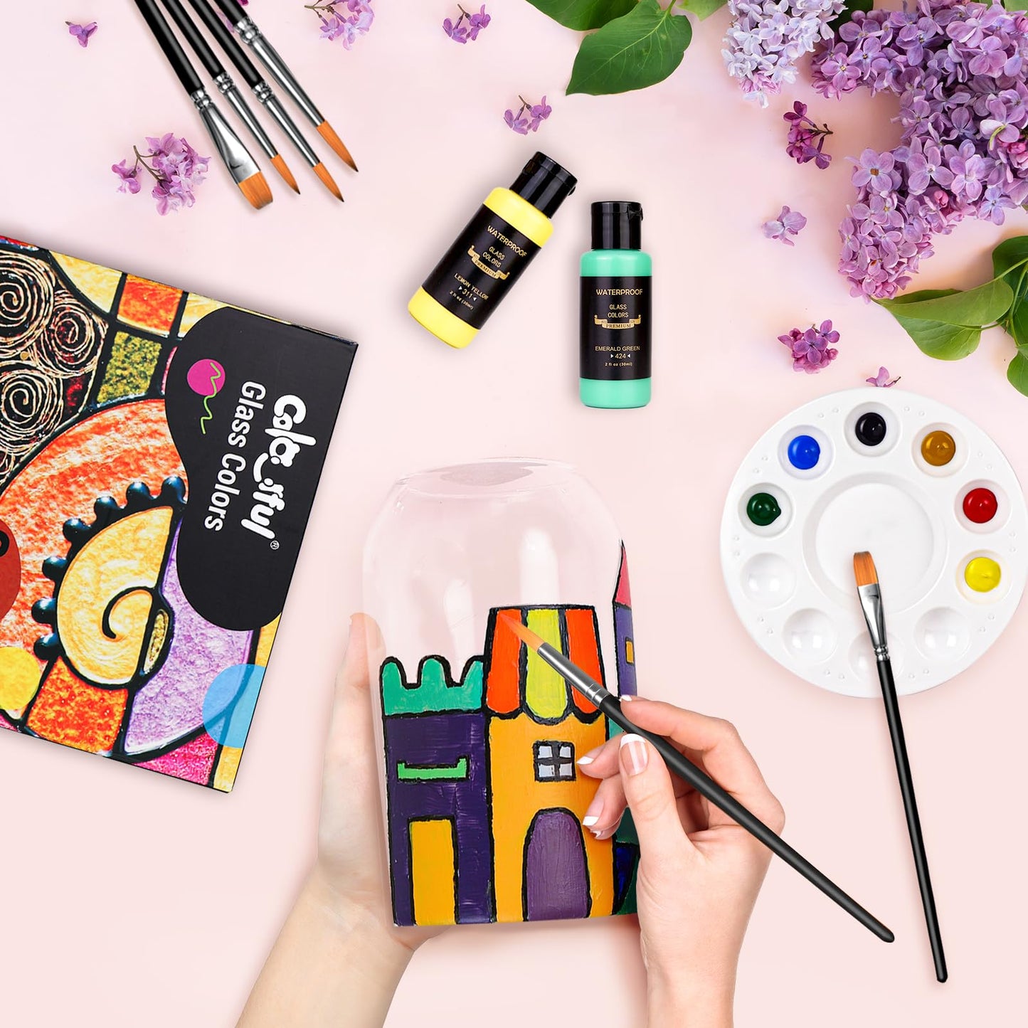 Colorful Stain Glass Paint Set with 6 Brushes, 1 Palette & 1 Sponge, 26 Colors Waterproof Permanent Glass Painting Kit for Arts on Wine Glasses,Bottle and Windows