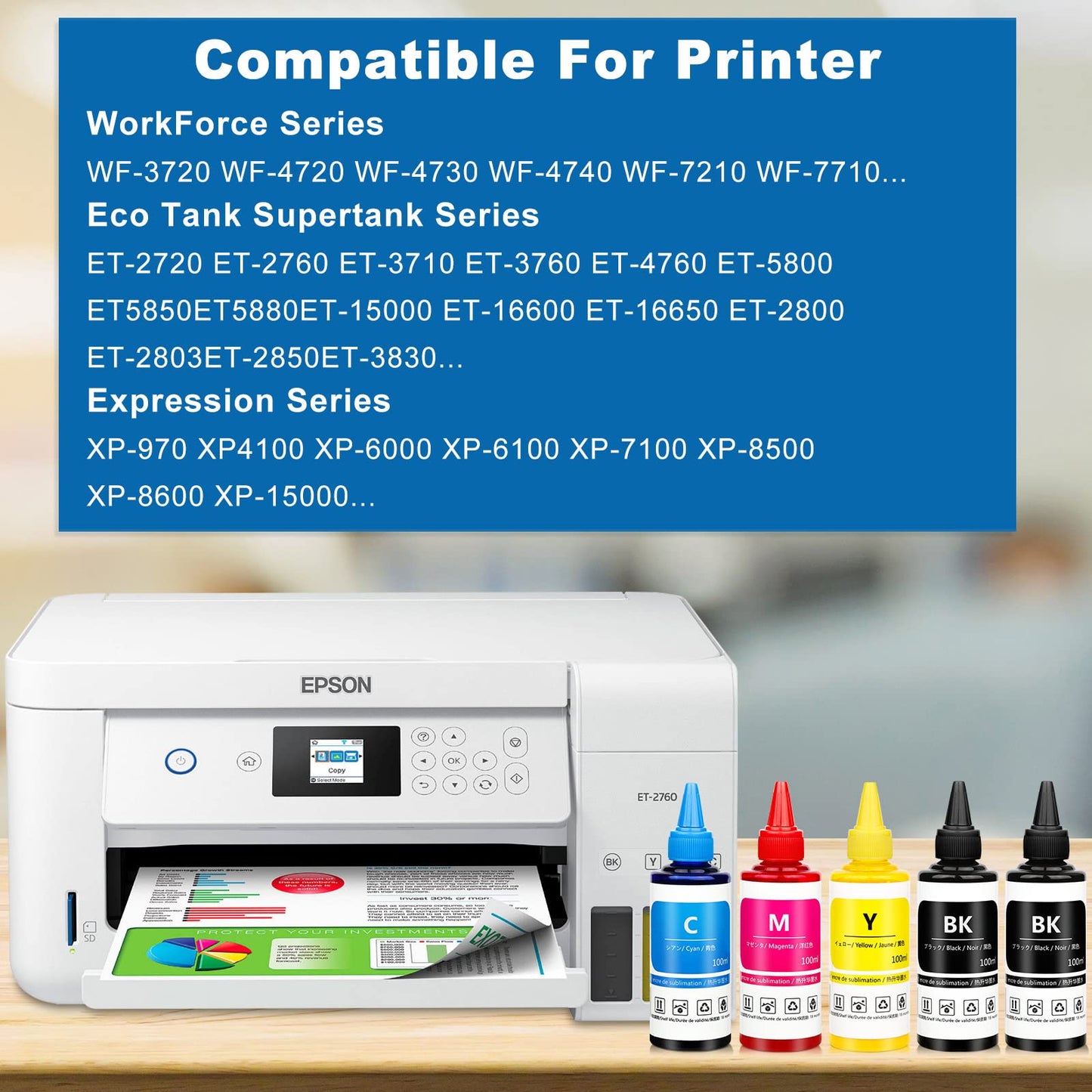 Xcinkjet Sublimation Ink Refilled for ET-2800 ET-2803 WF-7210 WF-7720 ET-4700 ET-2760 ET-2850 ET-15000 ET2720 WF7710 ET-4800 ET2650 ET2750 WF2750 WF3620 Printer(BK*2 C*1 M*1 Y*1 All 5 Packs)