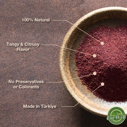 Eat Well Premium Foods Sumac Spice Powder 8 oz Ground Sumac Berries in Resealable Pack, 100% Natural Traditional Middle Eastern Spices, Sumac Seasoning with Pure Gourmet Ingredients for Cooking, Tangy and Citrusy