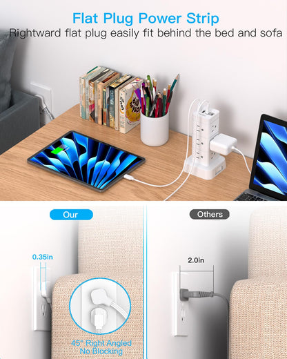 Surge Protector Power Strip Tower, 12 Outlets 4 USB (2 USB C) Desktop Charging Station for Multiple Devices, 6Ft Flat Plug Extension Cord with Multiple Outlets, Home Office College Dorm Essentials