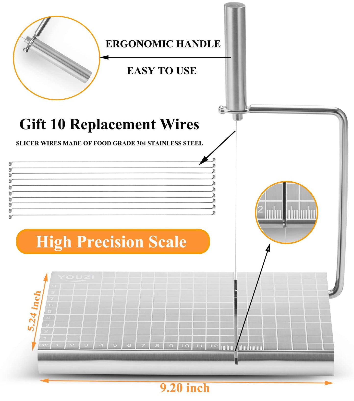Stainless Steel Cheese Slicer with 10 Replacement Wires, Metal Cheese Cutter and Cutting Board - For Block Cheese