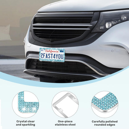 QUANQIUFEI 2 Pack Bling License Plate Frames, Sparkly Rhinestone Diamond Car License Plate Cover for Women, Stainless Steel Car Accessories with Glitter Crystal Caps (Aqua Bohemica)