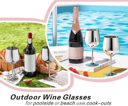 WOTOR Stainless Steel Wine Glasses Set of 4, 18oz Unbreakable Metal Wine Glass, Fancy, Unique Wine Goblets for Outdoor, Travel, Camping and Pool, Ideal Gift for Wine Lovers (Silver)