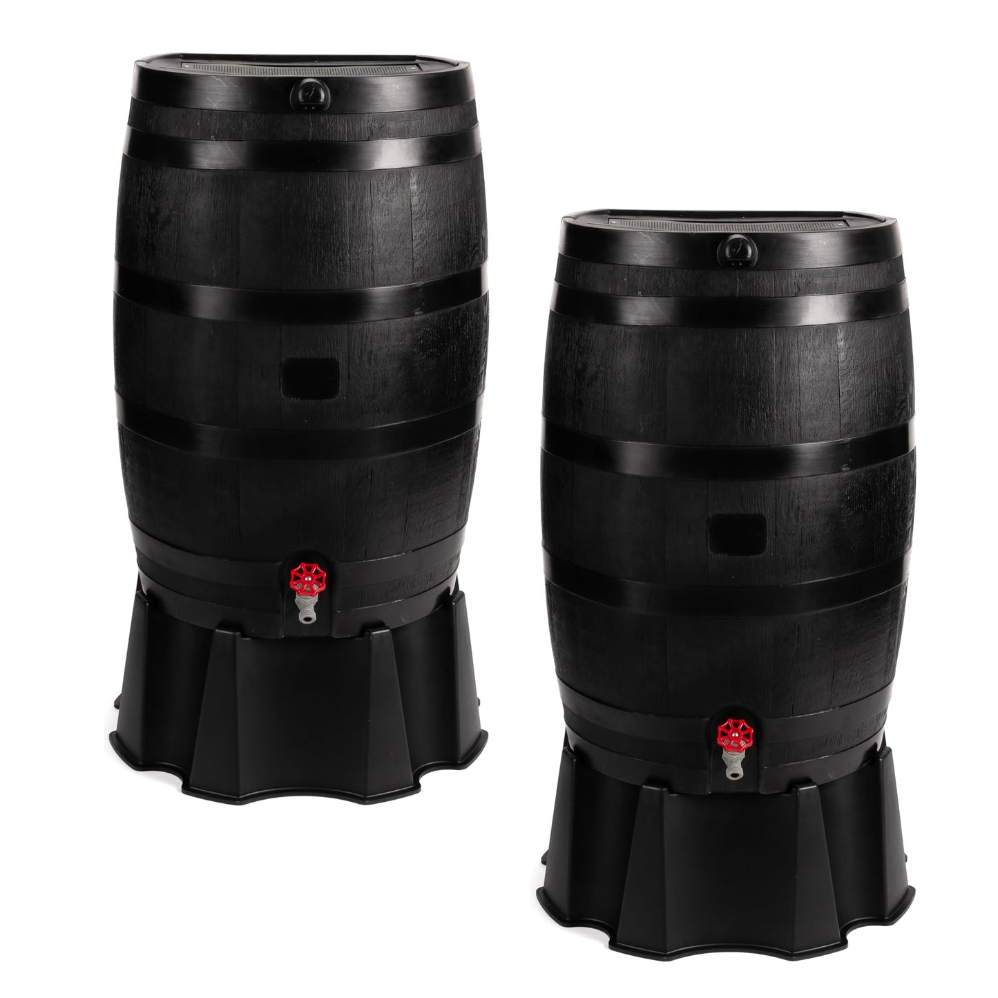 RTS Home Accents 50-Gallon ECO Rain Barrel Made with 100% Recycled Plastic, Flat Back Rain Water Collection Barrel, Stand and Link Kit Included, Black (2 Pack)