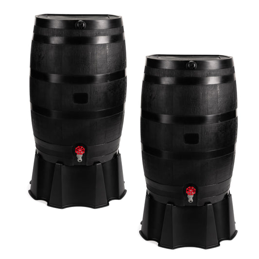 RTS Home Accents 50-Gallon ECO Rain Barrel Made with 100% Recycled Plastic, Flat Back Rain Water Collection Barrel, Stand and Link Kit Included, Black (2 Pack)